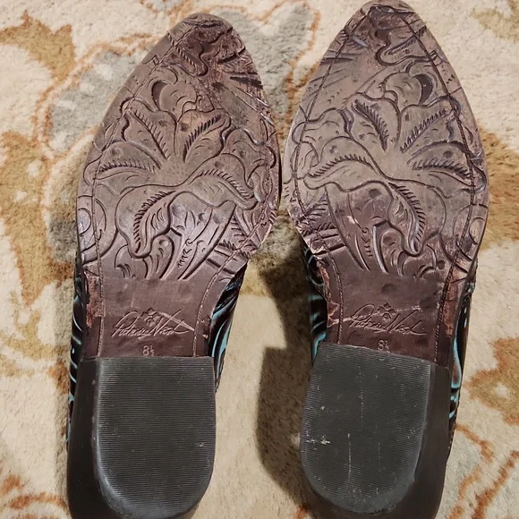 Patricia Nash Tooled Turquoise & Brown Leather Battista Mules Size 8.5 - Picture 9 of 10